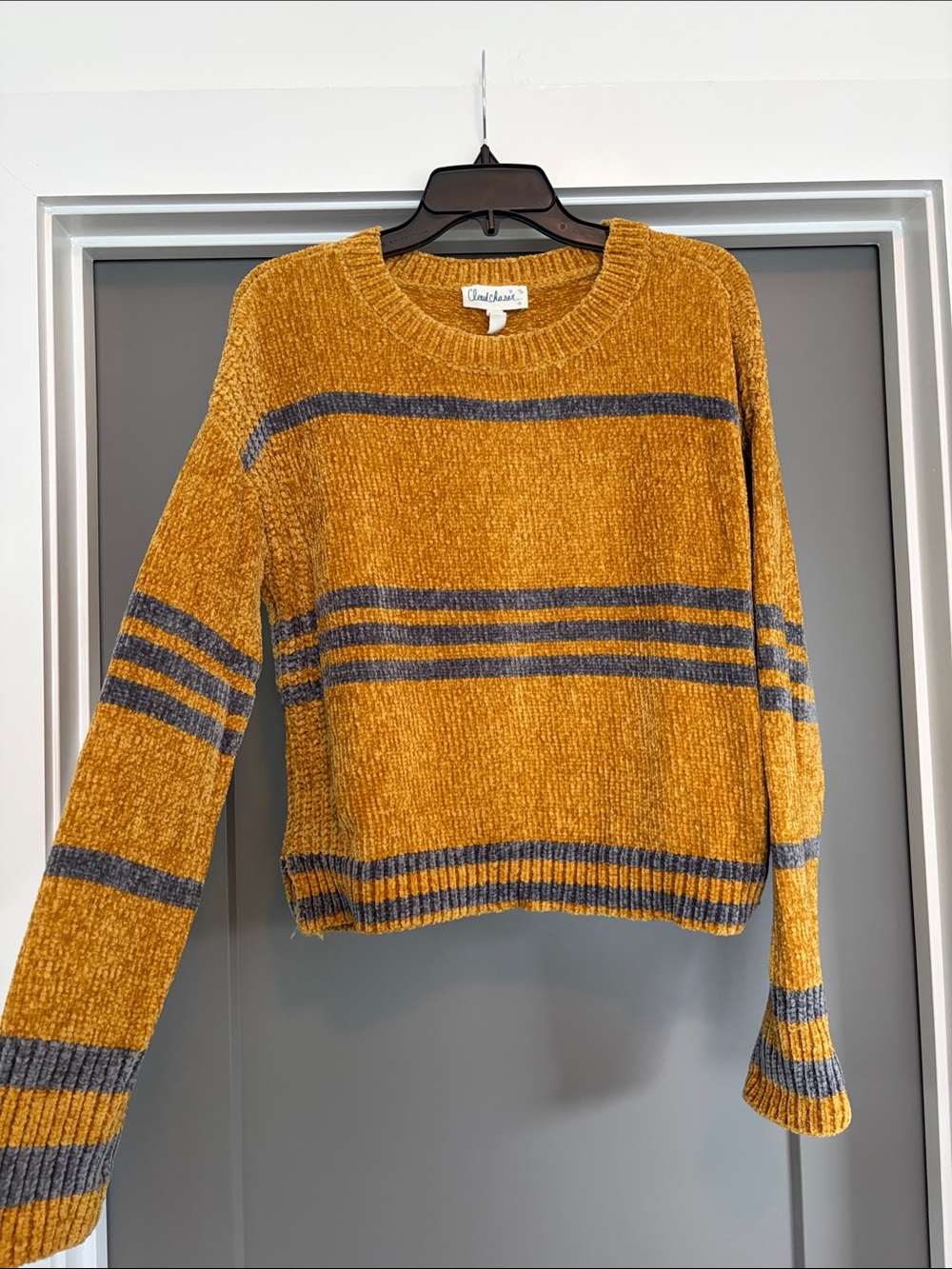 Chenille Crewneck Sweater in Mustard with Gray Stripes